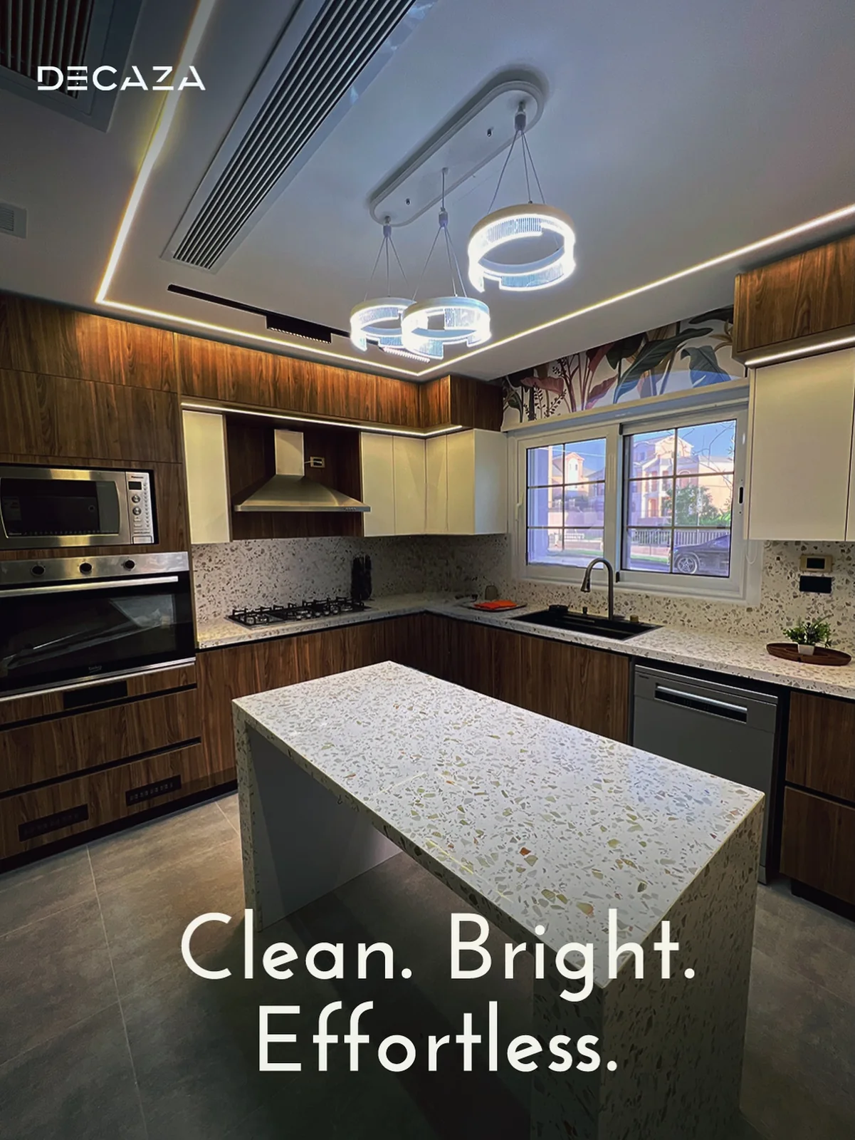 Decaza social campaign visual featuring a bright finished kitchen
