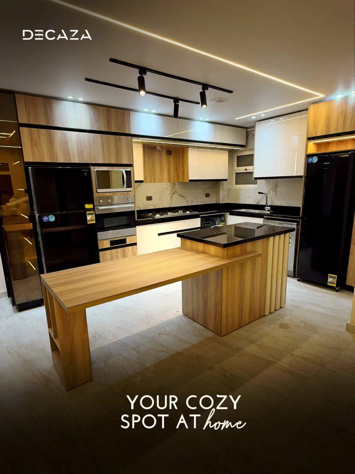 Decaza social campaign visual featuring a warm wood kitchen