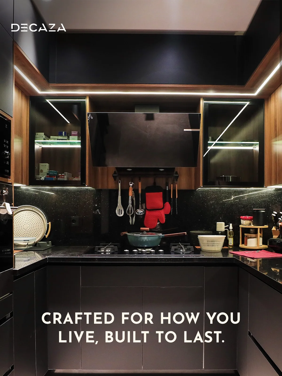 Decaza social campaign visual featuring a dark kitchen